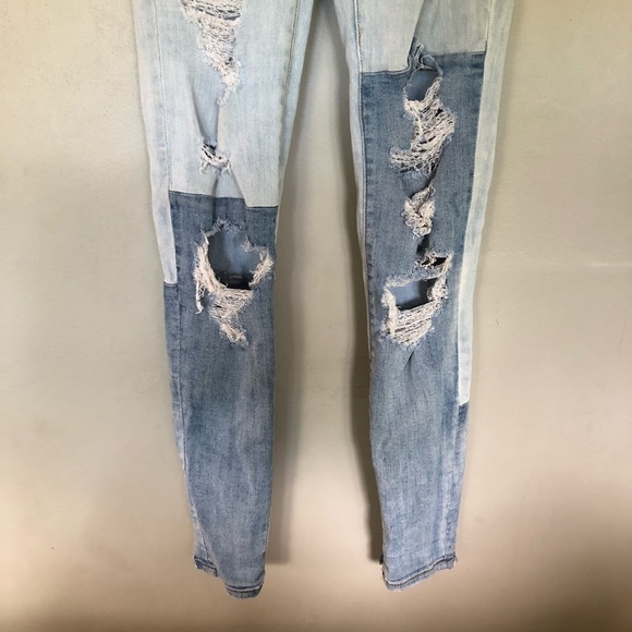 American Eagle Jeans Super Stretch X Destroyed Distressed Hi-Rise Patch Raw Hem - Picture 3 of 9